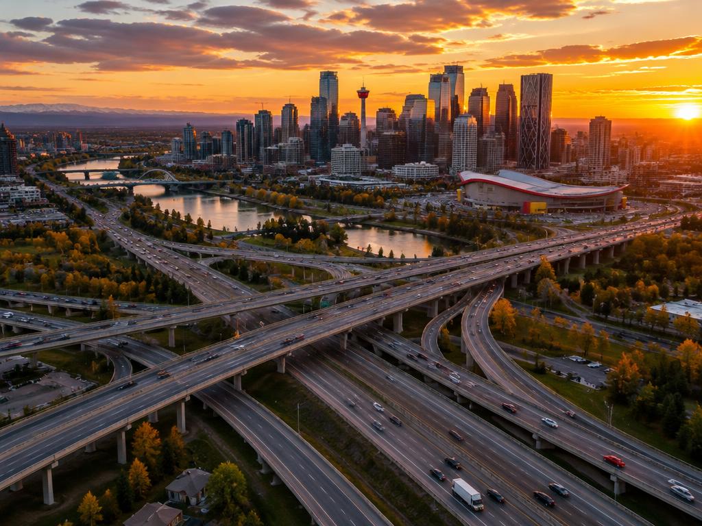 Calgary highways and skyline at sunset