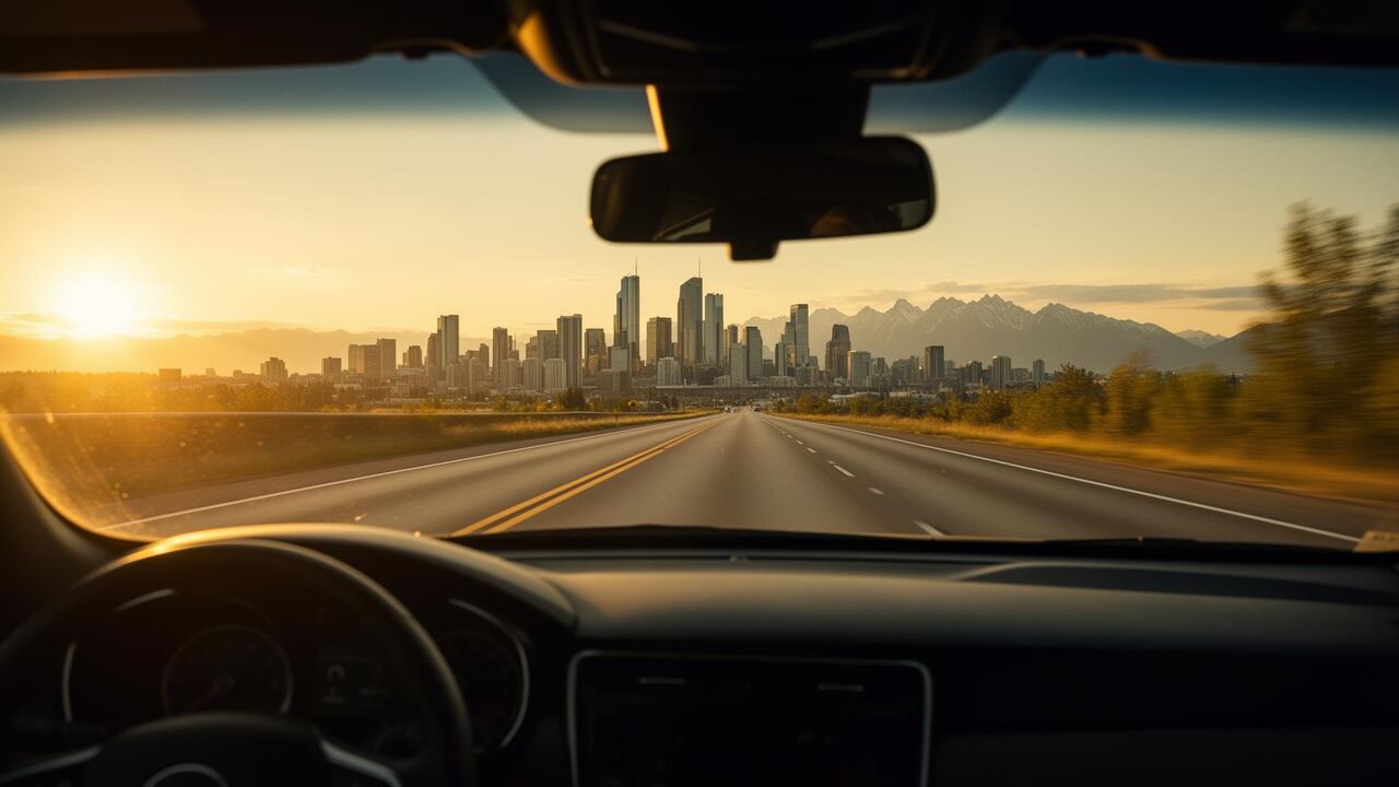 View through a car windshield on a Calgary road at golden hour, with the Rocky Mountains on the horizon